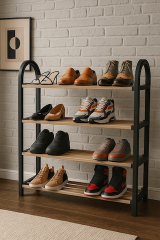 Flex Elite Çok Amaçlı 4 Bölmeli Siyah Ahşap Raf Ayakkabılık, Banyo Ve Mutfak Rafı, Organizer Raf - S-789 Siyah