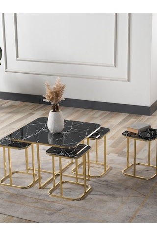 Pelikan 4+1 Siyah Mermer Temperli Cam Gold Metal Ayak Takım Sehpa Sedaş Living Units Sehpa