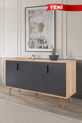 4516 Sırma 150 Cm Ahşap Ayaklı , Metal Kulplu Konsol , Safir - Antrasit , Salon , Oturma Odası Safir - Antrasit