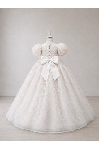 Star Kids Fashion Kız Çocuk Beyaz Prenses Elbisesi Çiçek İşlemeli Kabarık Tül Abiye Doğum Günü Düğün Özel Gün Elbisesi