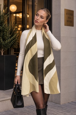 Tarzını Seç Haki Krem Dalga Desenli Yumoş Polar Kışlık Şal Atkı 70 X 180 Cm