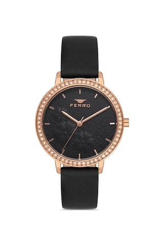 Ferro Siyah Deri Kordon Kadın Kol Saati Fl21242b-r Rose Gold