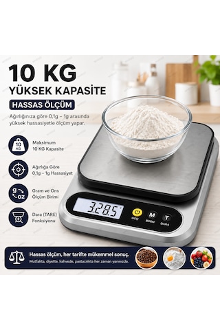Nvg Dijital Mutfak Terazisi 10 Kg Yüksek Kapasite Hassas Ölçüm Gram Ons Ölçer 0,1g 1g Hassasiyet Tare Dara Fonksiyonlu Gümüş