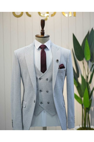 Beystil Sivri Yaka Açık Gri Takım Elbise Elanor - Slim Fit Açık Gri