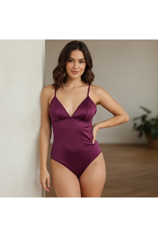Kadın Saten Kumaş Bordo Renk Body Bb2427