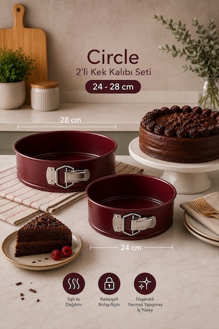 Emsan Circle 2'li Kek Kalıbı Seti Bordo 24-28 Cm