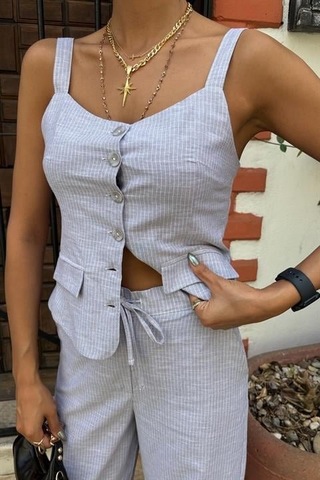 Munn Collection Kalın Askılı Bluz Pantolon Keten Takım 10187 Gri