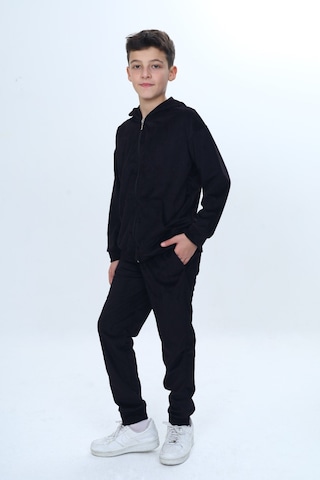 Toontoy Kids Toontoy Erkek Çocuk 2'li Takım Kapüşonlu Fermuarlı Sweatshirt & Beli Paçası Lastikli Jogger Eşofman Altı - Kadife Siyah