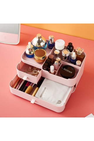 Youtek Masaüstü Makyaj Ve Bakım Ürünleri Depolama Kutusu - Çekmeceli Plastik Organizer - Basit Tasarım - Pembe Pembe