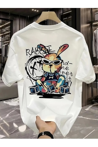 Modi Baskılı Oversize Bisiklet Yaka T-shirt - Beyaz - Mymg158948