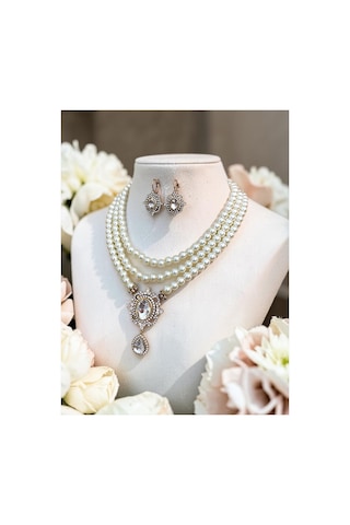 Beyaz Kristal Taşlı İnci Kolye Ve Küpe Seti 72418040