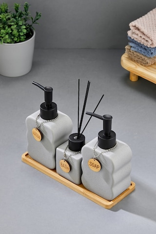 Cooker 3'lü 300 Ml Seramik Bambu Standlı Banyo Seti Ckr3883 Gri