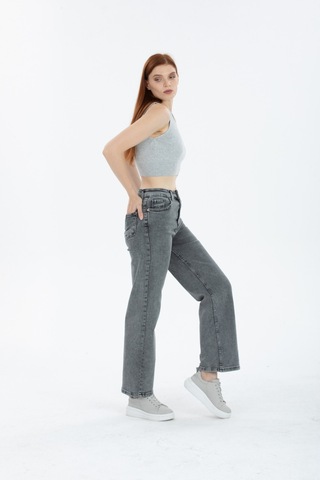90's Kar Yıkama Kar Gri Likralı Süper Yüksek Bel Wide Leg Salaş Jeans Palazzo Pantolon Gri