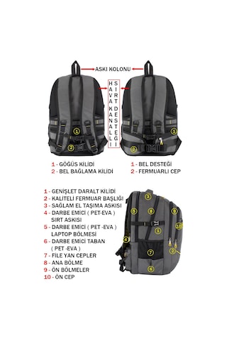 Case Club Dada 09 Dağcı Seyahat Günlük Sırt Çantası 60 Litre 17,3 İnç Darbe Emici Koruma Su Geçirmez Kumaş Gri