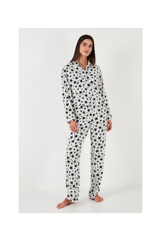 Lela Desenli Rahat Kesim Bol Paça Yazlık Bayan Pijama Takımı 6110014 Beyaz