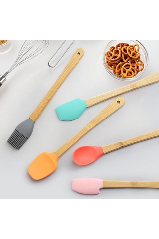 Silikon Spatula Ve Fırça Seti, 5 Parça, Karışık Renkli, Bambu Saplı Çok Renkli