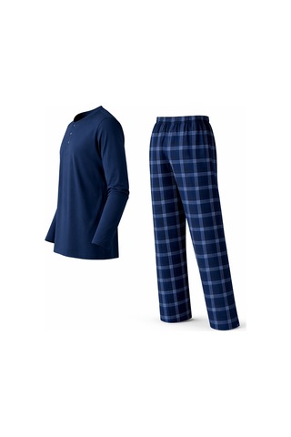 Mutlu City Erkek Mevsimlik Uzun Kollu 3 Düğmeli Ekose Alt Pijama Takımı 16652 İndigo