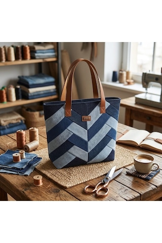 Kadın Patchwork Denim Çok Parçalı Tote Çanta Özel Tasarım Kot Omuz Çantası Çok renkli