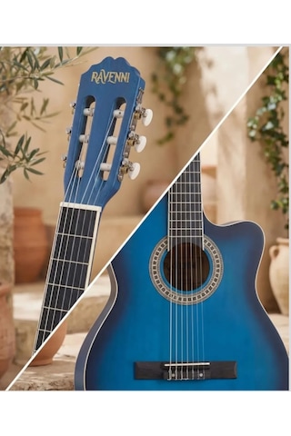 Ravenni Rcg-120 4/4 Klasik Gitar Tam Boy Kesik Kasa Kılıf+penaseti+kapo Hediyeli Mavi