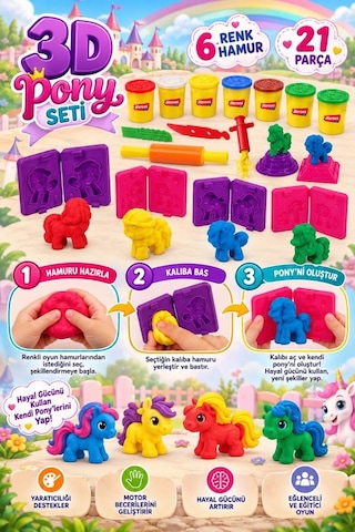 3d Pony Hamur 21 Parça 6 Farklı Renkli Pony Kalıplı Ve Çeşitli Aksesuarlı Oyuncak Oyun Hamuru Seti Çok Renkli