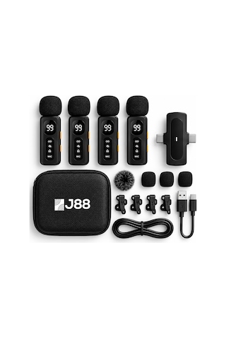 J88 4'lü Kablosuz Yaka Mikrofonu Aı Gürültü Önleyici Lightning Type-c Uyumlu Vlog Röportaj Canlı Yayın Mikrofonu 4 Mikrofon + 1 Alıcı