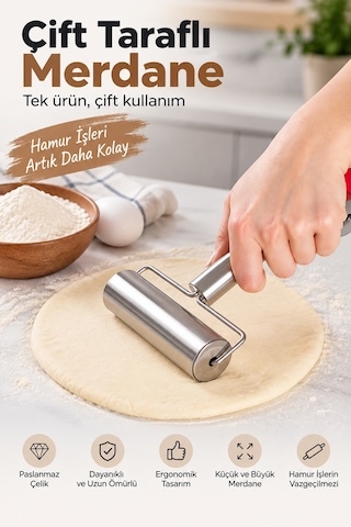 Çift Taraflı Paslanmaz Çelik Merdane Küçük Ve Büyük Hamur Açma Rulosu Ergonomik El Merdanesi
