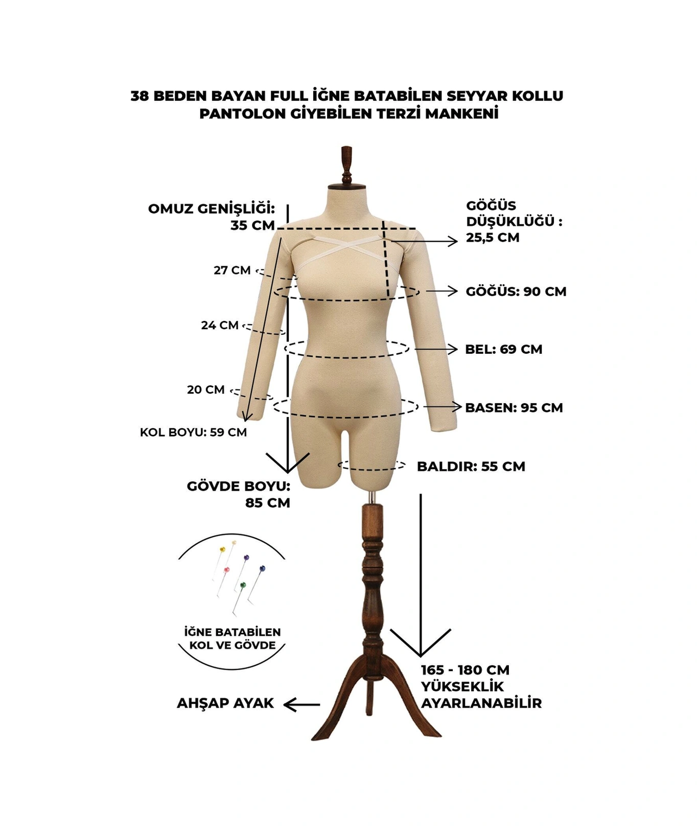 38 Beden Üst Ve Alt Grup Pantolon Giyebilen Kollu Iğne Batabilen Prova Mankeni Terzi Mankeni Pac-01 8361