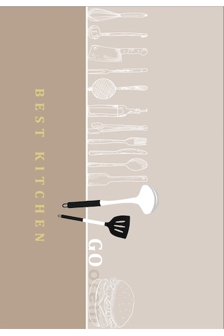 Dijital Baskılı Dekoratif Kaymaz Taban Yıkanabilir Halı Best Kıtchen Desenli Utfak Halısı Yolluk Salon Halısı Krem