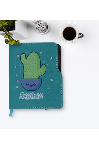 Kişiye Özel Kaktüs Tasarımlı Turkuaz Termo Deri Defter-4 Turkuaz