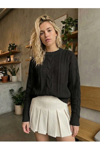 Sayzen Your Shine Saç Örgülü Basic Regular Triko Kazak Sy-2605 Siyah