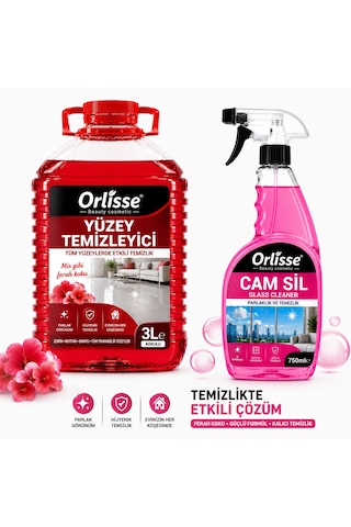Orlisse Temizlik Seti 3 Lt Kokulu Yüzey Temizleyici + 750 Ml Cam Sil Sprey Güçlü Temizlik Paketi