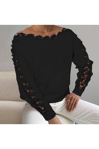 Vonda Kadın Sonbahar Dantel Yuvarlak Yaka Uzun Kollu Kazak Kazaklar Siyah