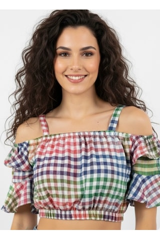 Polologin Butik Kadın Çok Renkli Ekose Desenli, Volan Detaylı Askılı Crop Bluz Mavi