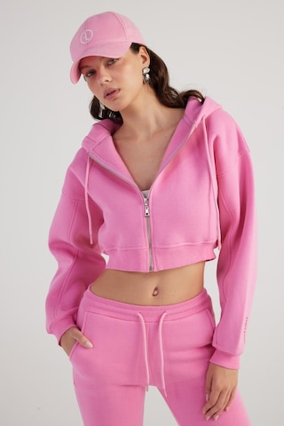 Holly Lolly Kadın Pembe Kapüşonlu Uzun Kol Fermuarlı Crop Mixed Sweat