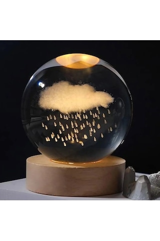 Mobgift Yağmur Yağan Bulut Tasarımlı Usbli Ahşap Standlı Kristal Işıklı Cam Küre Renkli