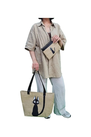 Kedi Baskılı Deri Saplı Hasır Kumaş Baskılı Plaj Çantası Açık Kahverengi
