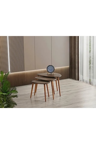 Favdecor Masif Doğal Ahşap Zigon Sehpa 3'lü Set Koyu Meşe