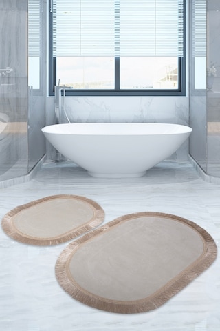 Bonny Home Pera Krem 2'li Banyo Paspası Seti Kaymaz Tabanlı Saçak Krem