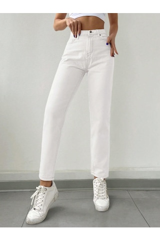 Kadın Mom Fit Jeans Kot Pantolon Beyaz Beyaz