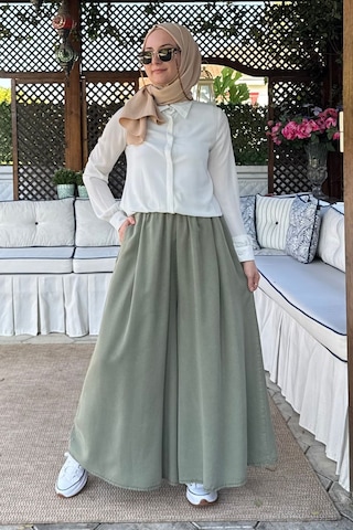 Rabia Şamlı Vera Etekli Pantolon Yeşil Normal