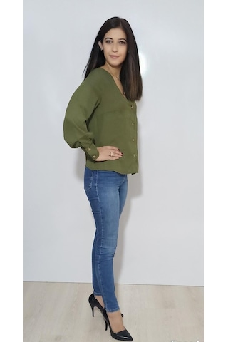 Kadın Gömlek Düğmeli Haki Haki