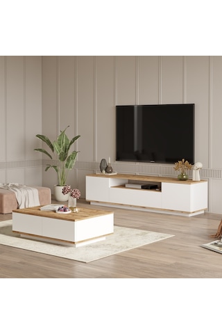 Robin Home Loft Tv Ünitesi Orta Sehpa 2'Li Set Çam-Beyaz