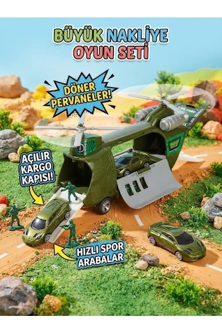 Askeri Nakliye Helikopteri Ve Spor Araba Seti 4'lü Araç Hediyeli Hareketli Rampalı Oyuncak Seti