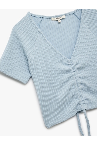 Koton Büzgülü Slim Fit V Yaka Kısa Kollu Crop Tişört Mavi 5sak50248ek Mavi