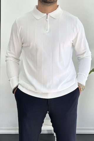 Erkek Yarım Fermuarlı Polo Yaka Mevsimlik Kazak Beyaz Edw195 Beyaz