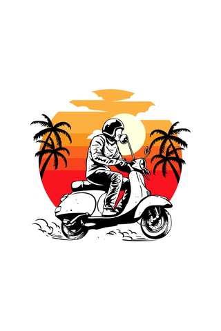 Paybuy Erkek Retro Scooter Baskılı Tişört %100 Pamuk Gün Batımı Motifi V Siyah
