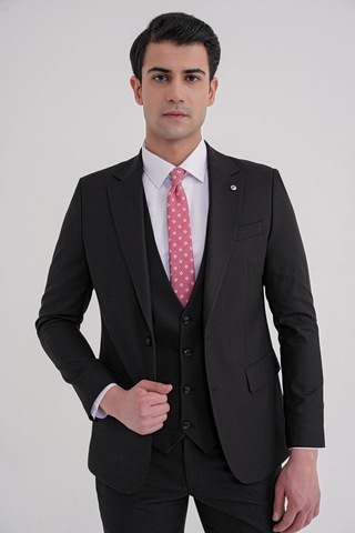 Efor Slim Fit Mono Yaka Çift Yırtmaç Armürlü Esnek Yünlü Siyah Yelekli Klasik Takım Elbise Tk 933 Siyah