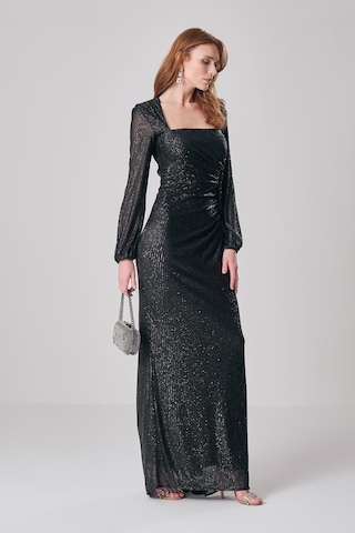 Explosion Pullu Maxi Abiye Elbise - Kare Yaka - Uzun Kol - Özel Günler Siyah