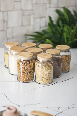 9 Lu Set Bambu Kapaklı Cam Kavanoz & Erzak Saklama Kabı 800 Ml Or Şeffaf