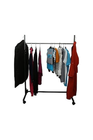 Teknor Paslanmaz Metal Vitrin Konfeksiyon Kıyafet Askılık Tekerlekli Portatif Askılık Portmanto Siyah